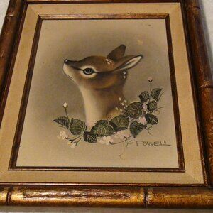 Fawn Print on Canvas signed Powell Framed Bambo 8 x 10 Vintage